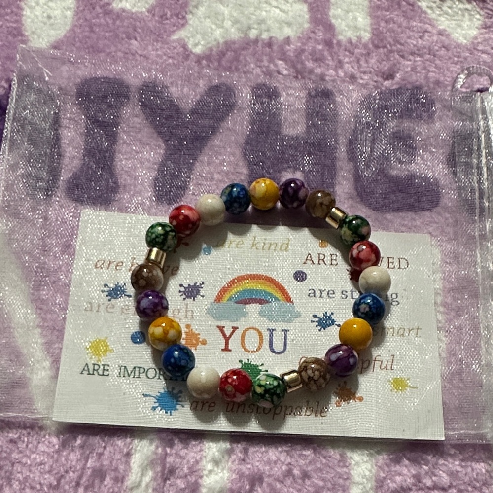 Multicolor Chakra Bead Stretch Bracelet with positive affirmation card